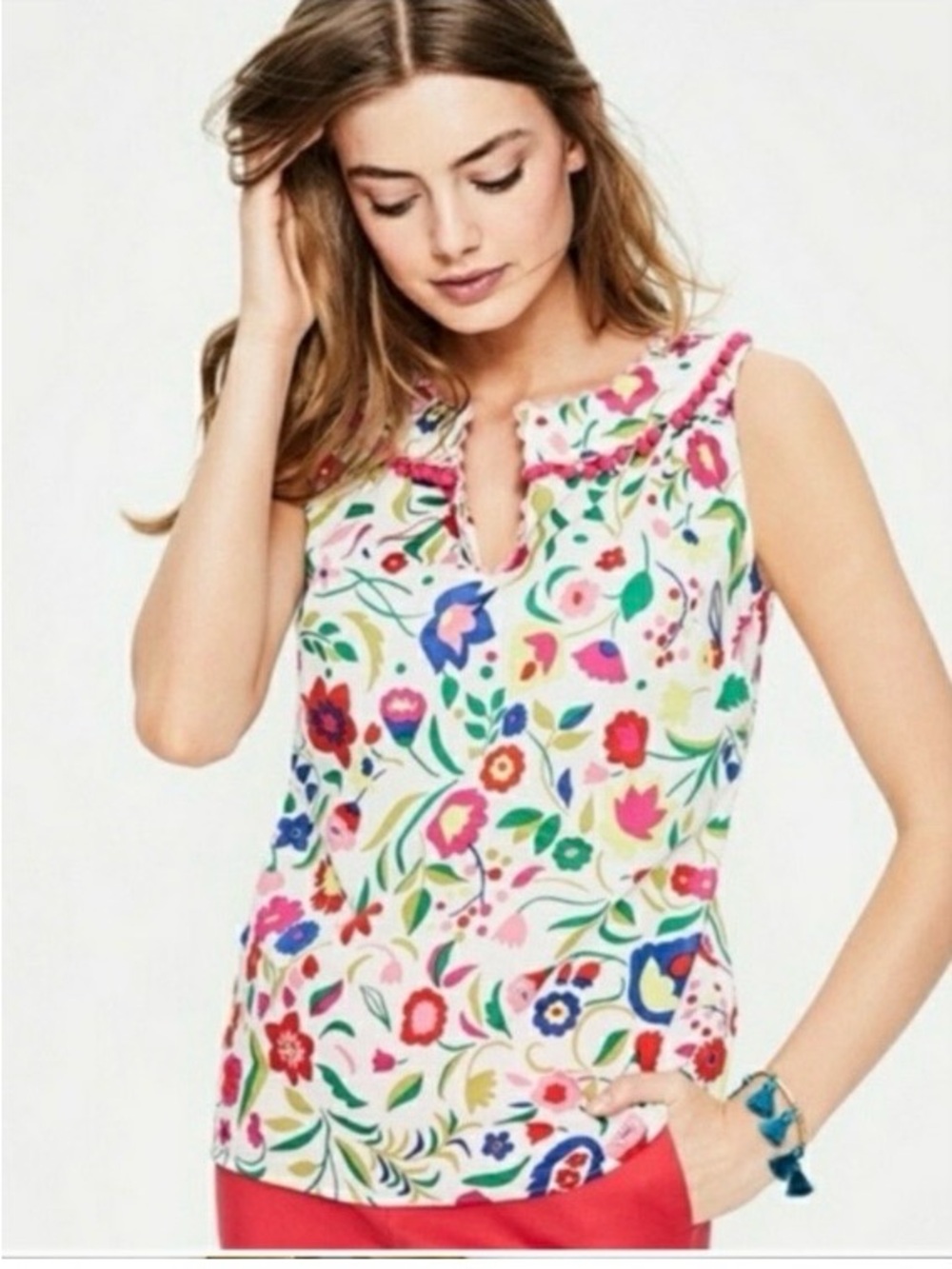 Boden Colorful Floral Tropical Sleeveless Pompom Blouse Tank Top sz 2